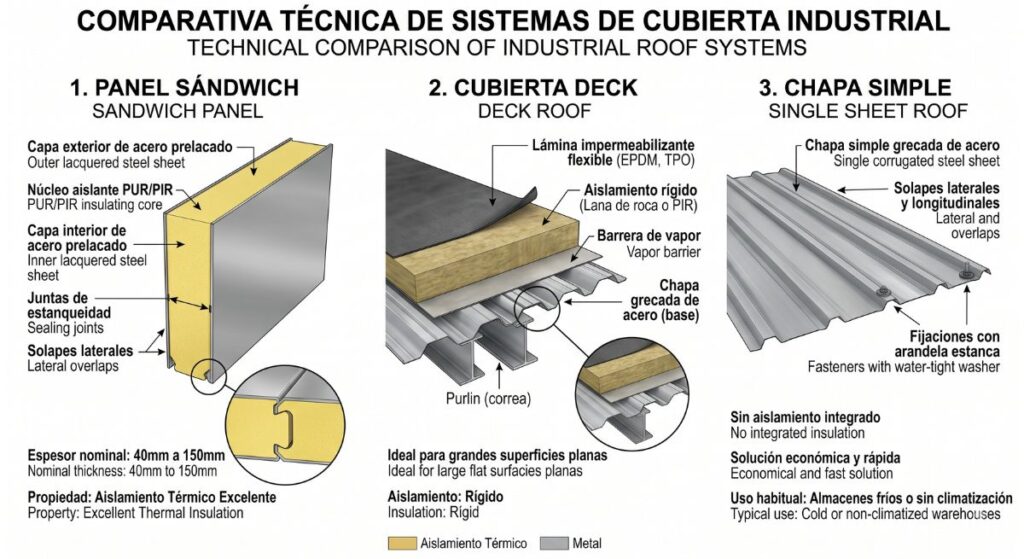 Tipos de cubiertas para naves industriales: comparativa técnica y criterios de elección 1 Diagrama técnico de corte transversal comparando la composición interior de una cubierta panel sándwich, cubierta deck y chapa metálica simple.