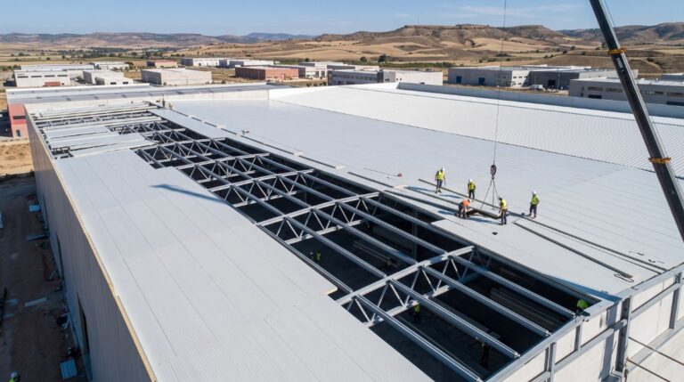 Instalación de cubierta de panel sándwich aislante sobre la estructura metálica de una nave industrial