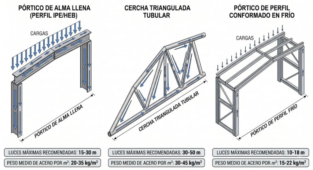 Estructura metálica para nave industrial: tipos, cálculo, precios por m² y normativa 1 Diagrama comparativo de tipologías de estructura metálica para nave industrial con pesos de acero y luces recomendadas.