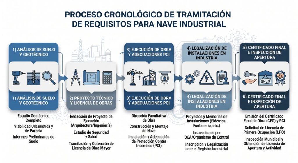 Diagrama de flujo cronológico con los pasos y requisitos para la construcción y legalización de una nave industrial en España.