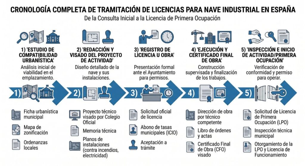Proyecto de licencia de actividad para nave industrial: contenido, requisitos y tramitación 1 Esquema del flujo de tramitación paso a paso desde el proyecto de licencia de actividad hasta la licencia de primera ocupación de una nave.