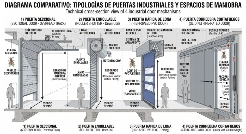 Tipos de puertas para naves industriales: comparativa técnica, usos y normativa 1 Esquema técnico comparativo de los mecanismos de apertura de puertas seccionales, enrollables, rápidas de lona y correderas cortafuegos.