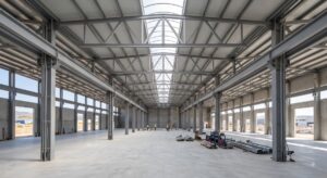 Blog 3 Interior de la estructura de una nave industrial moderna durante su proceso de construcción.