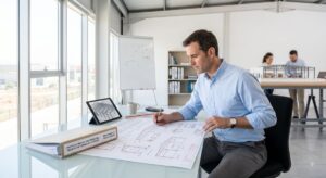 Blog 5 Técnico de ingeniería revisando los planos y la memoria técnica de un proyecto de licencia de actividad para nave industrial.