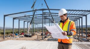 Blog 4 Técnico e ingeniero revisando los planos de requisitos técnicos durante la construcción de una nave industrial.