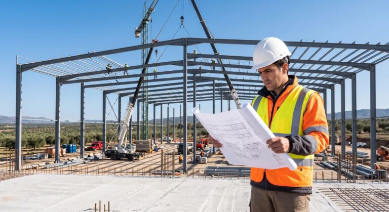 Técnico e ingeniero revisando los planos de requisitos técnicos durante la construcción de una nave industrial.