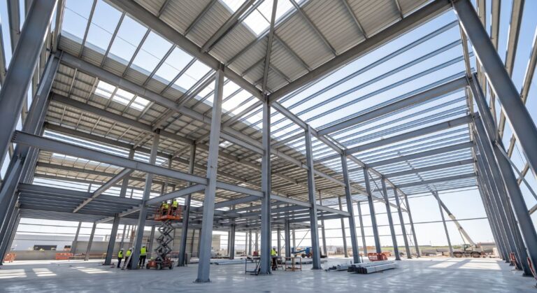 Vista interior de la estructura metálica de acero recién montada en una nave industrial.