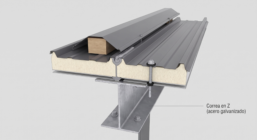 Panel sándwich para nave industrial: tipos, aislamiento y precio 2 panel sandwich de cubierta sobre correas metalicas