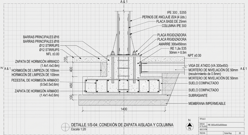 zapata aislada de cimentacion con su pilar metalico